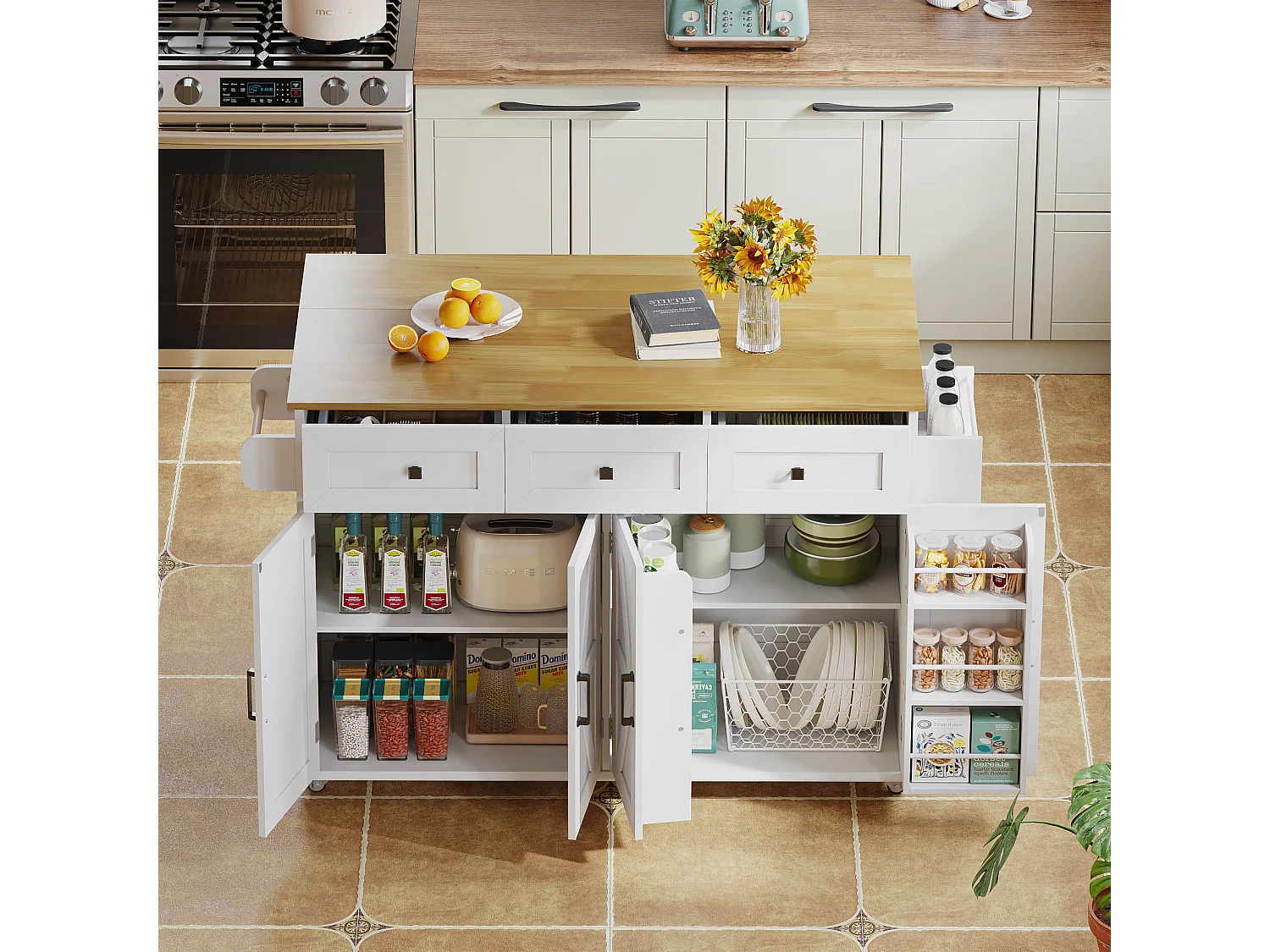 Îlot central à roulettes avec plan de travail rabattable + 4 portes + 3 tiroirs - 140 x 43(70) x 90.5 cm - blanc