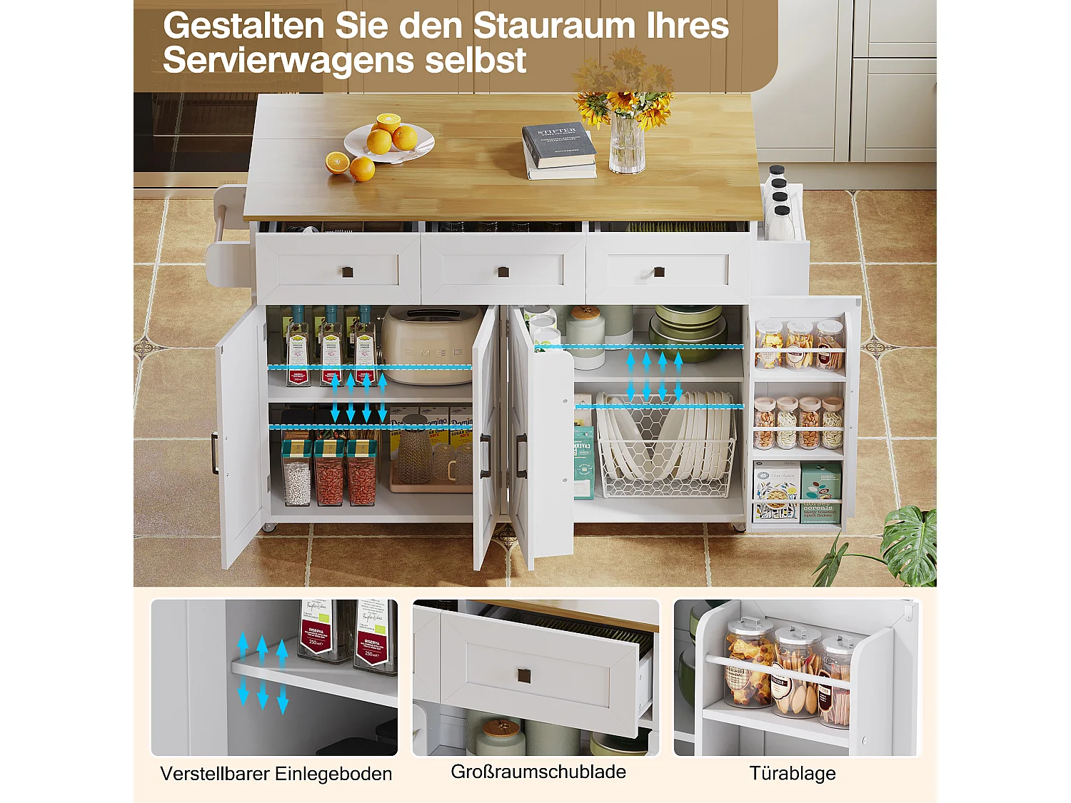 Îlot central à roulettes avec plan de travail rabattable + 4 portes + 3 tiroirs - 140 x 43(70) x 90.5 cm - blanc