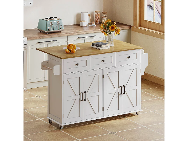 Îlot central à roulettes avec plan de travail rabattable + 4 portes + 3 tiroirs - 140 x 43(70) x 90.5 cm - blanc