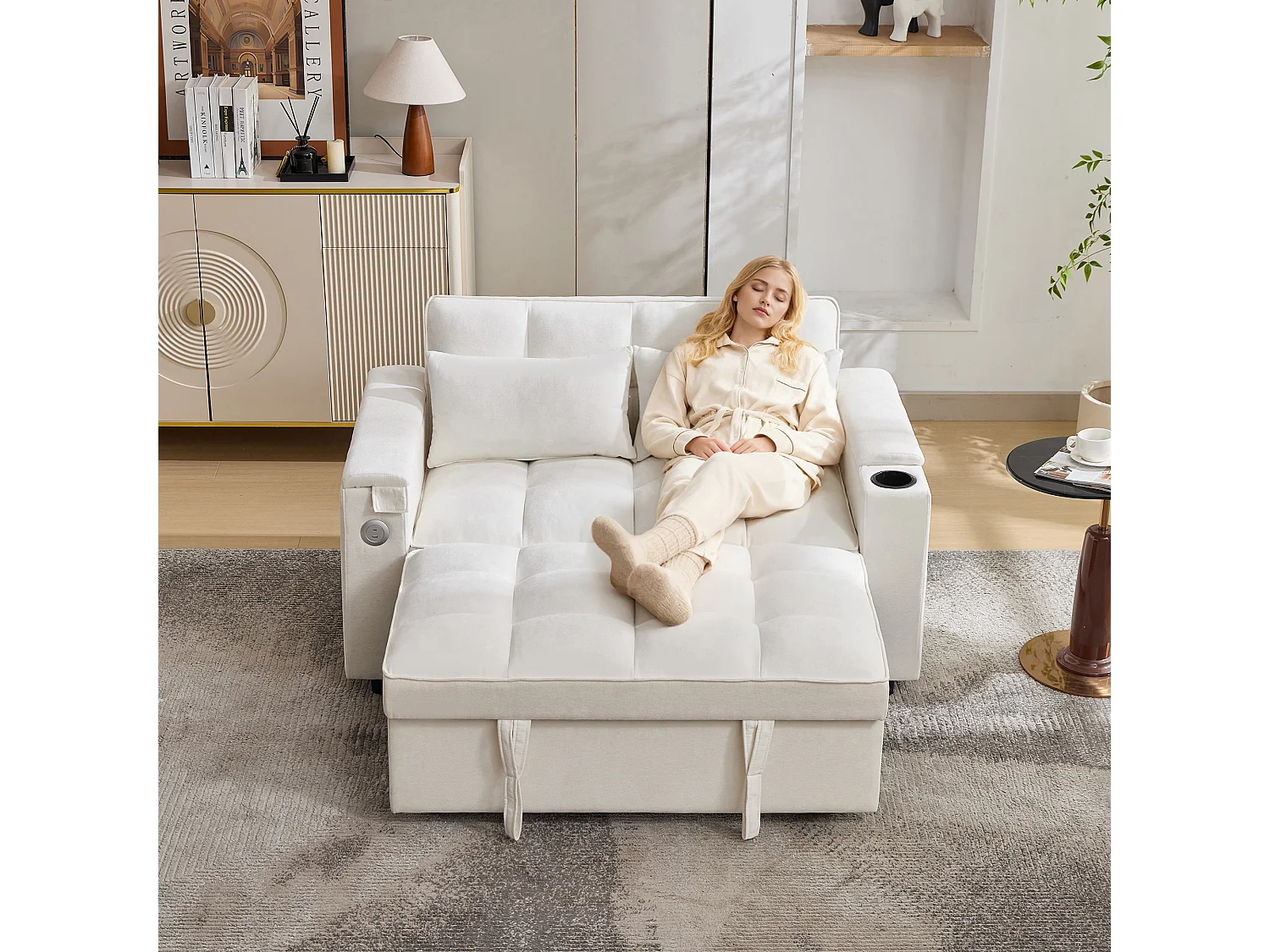 2-Sitzer-Schlafsofa 3 in 1 – 140,5 x 74 x 82 cm – mit verstellbarer Rückenlehne + USB + 1 versteckter Tisch – MDF – Beige