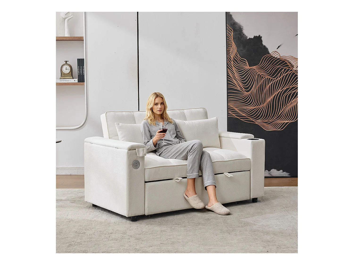 2-Sitzer-Schlafsofa 3 in 1 – 140,5 x 74 x 82 cm – mit verstellbarer Rückenlehne + USB + 1 versteckter Tisch – MDF – Beige