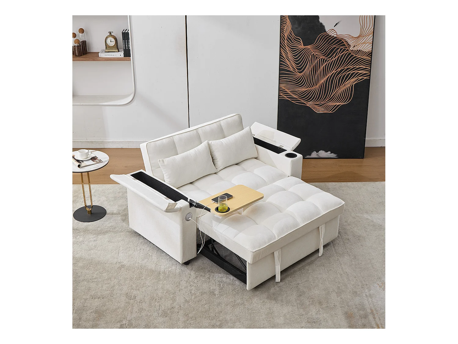 2-Sitzer-Schlafsofa 3 in 1 – 140,5 x 74 x 82 cm – mit verstellbarer Rückenlehne + USB + 1 versteckter Tisch – MDF – Beige