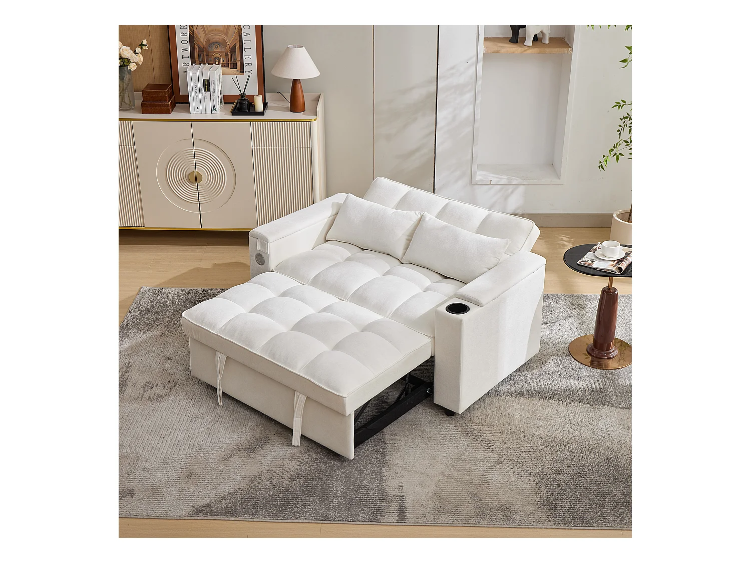 2-Sitzer-Schlafsofa 3 in 1 – 140,5 x 74 x 82 cm – mit verstellbarer Rückenlehne + USB + 1 versteckter Tisch – MDF – Beige