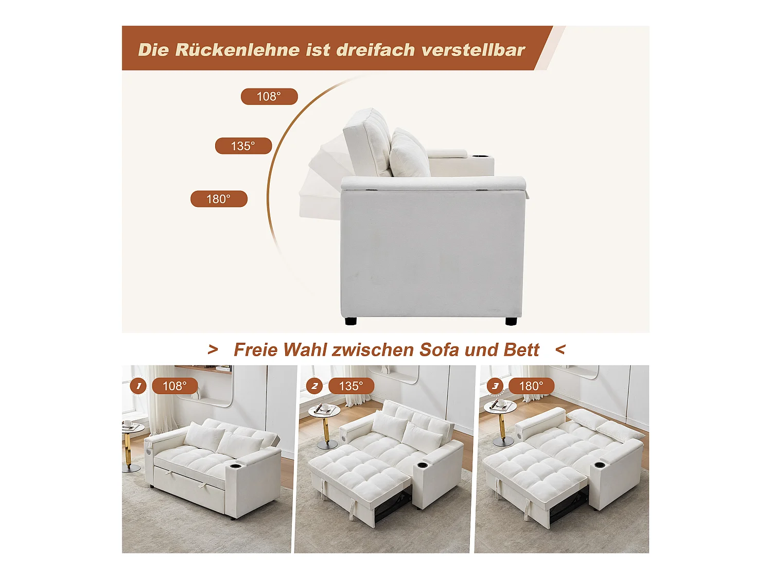 2-Sitzer-Schlafsofa 3 in 1 – 140,5 x 74 x 82 cm – mit verstellbarer Rückenlehne + USB + 1 versteckter Tisch – MDF – Beige