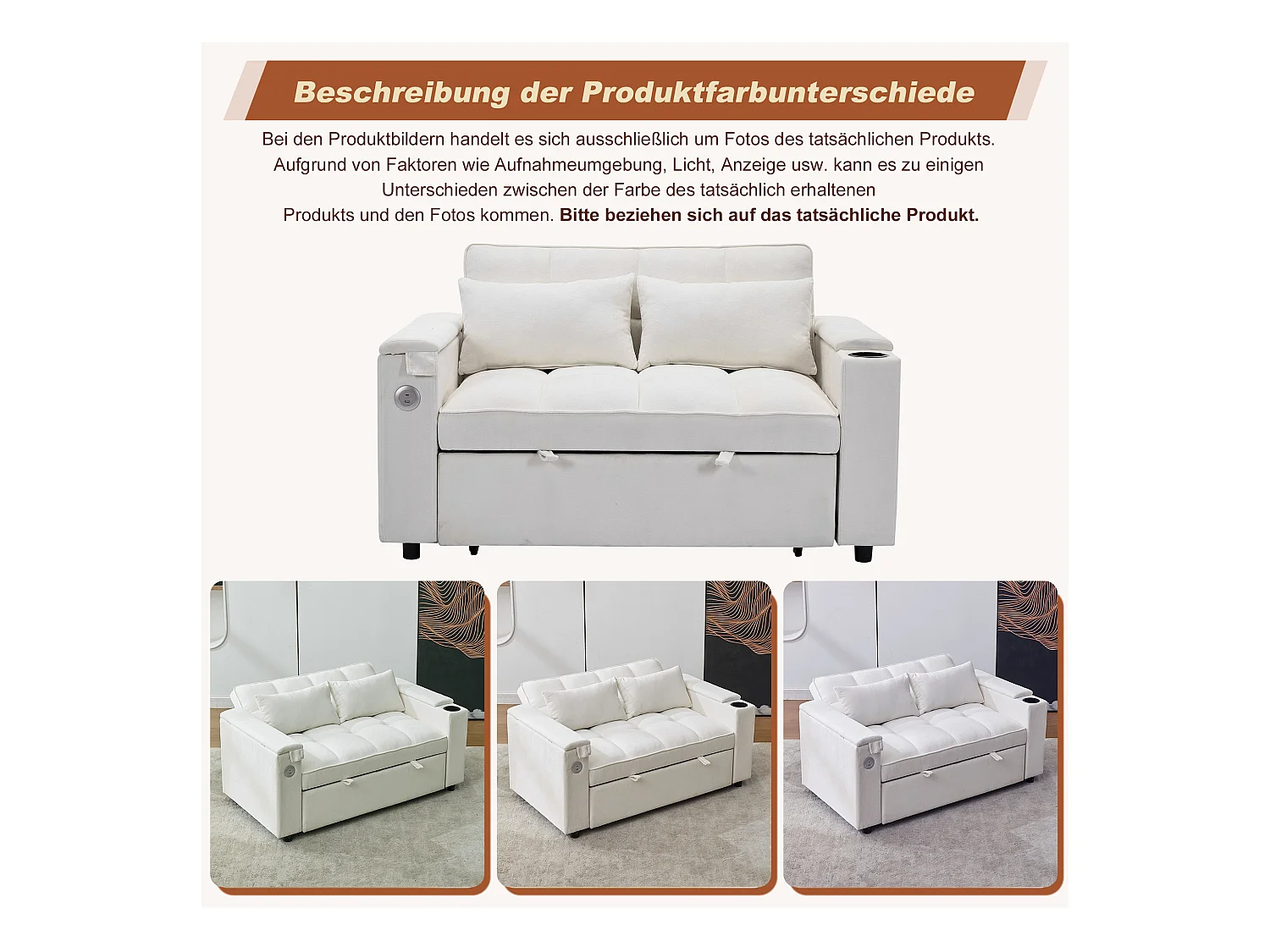 2-Sitzer-Schlafsofa 3 in 1 – 140,5 x 74 x 82 cm – mit verstellbarer Rückenlehne + USB + 1 versteckter Tisch – MDF – Beige
