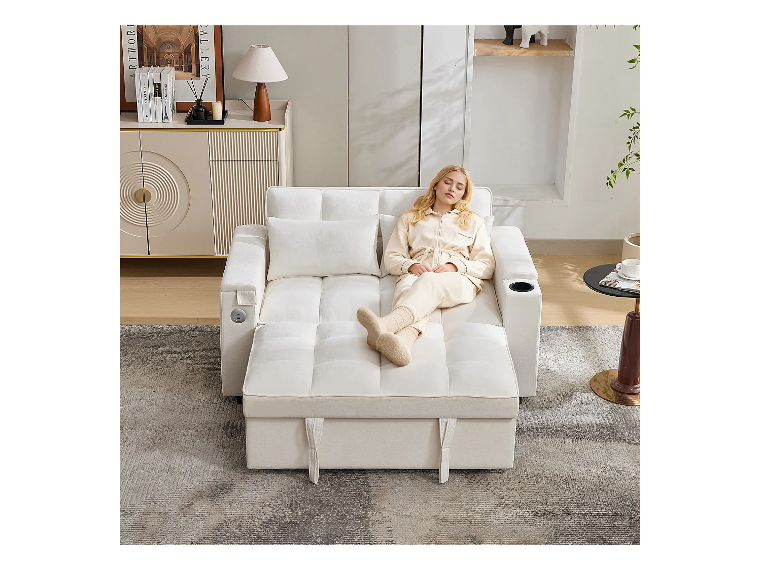 Canapé 2 places convertible 3 en 1 - 140.5 x 74 x 82 cm - avec dossier réglable + USB + 1 table cachée - MDF - beige