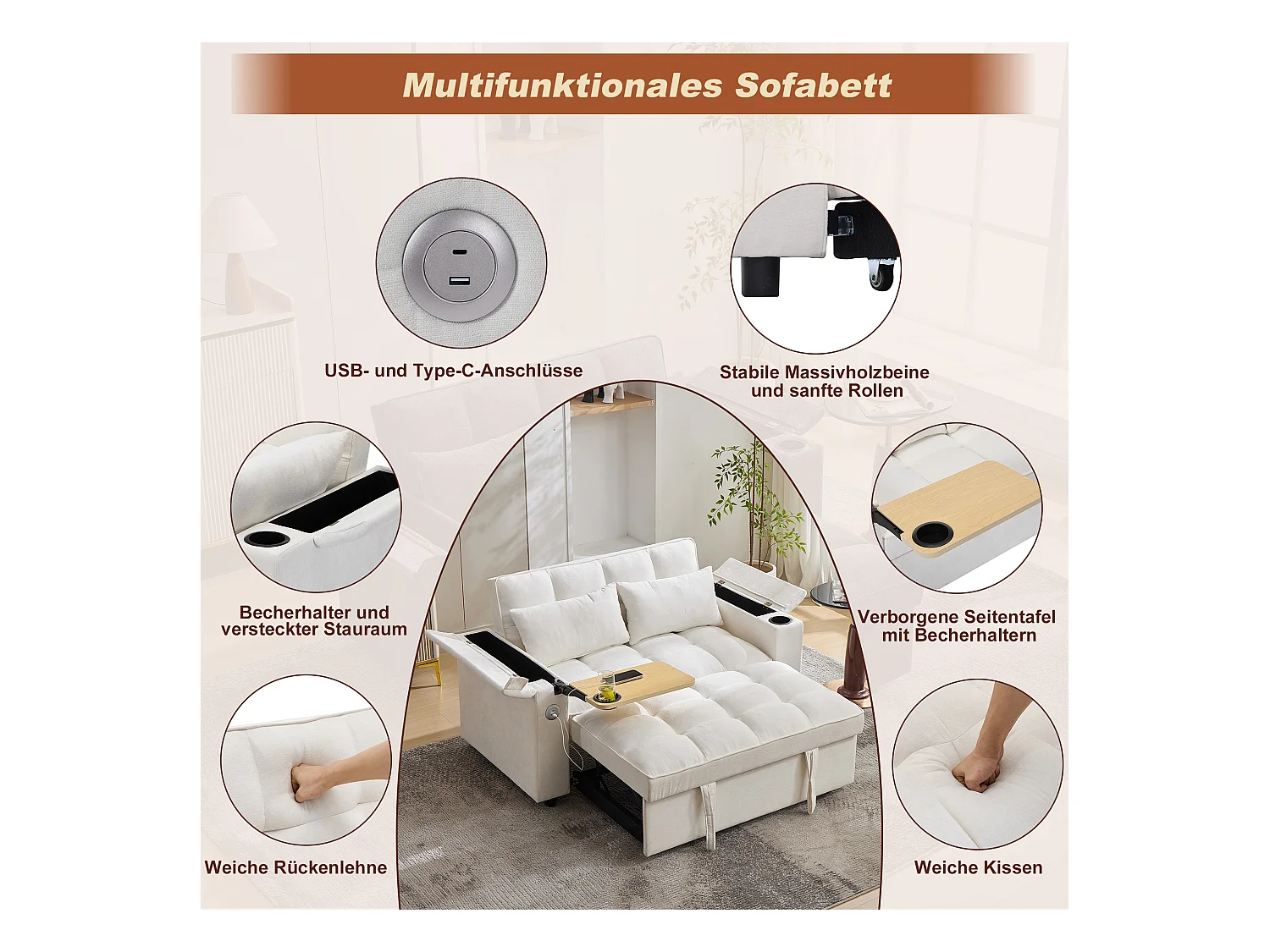 Sofá-cama 2 lugares 3 em 1 - 140,5 x 74 x 82 cm - com encosto ajustável + USB + 1 mesa escondida - MDF - bege