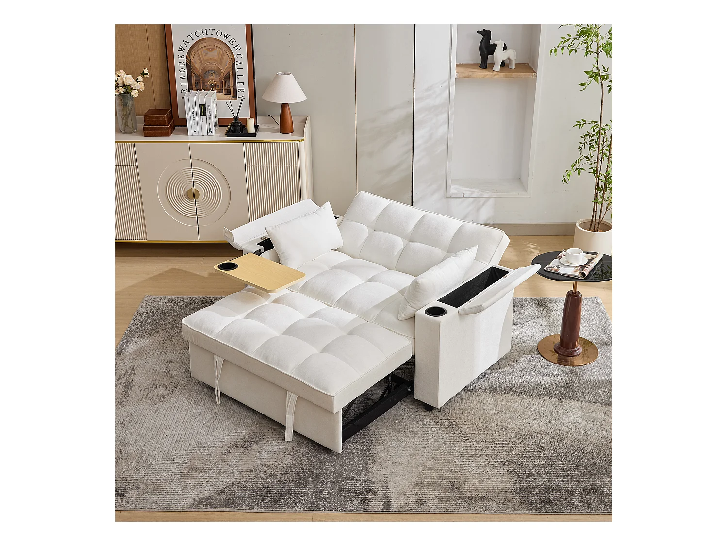 Sofá-cama 2 lugares 3 em 1 - 140,5 x 74 x 82 cm - com encosto ajustável + USB + 1 mesa escondida - MDF - bege