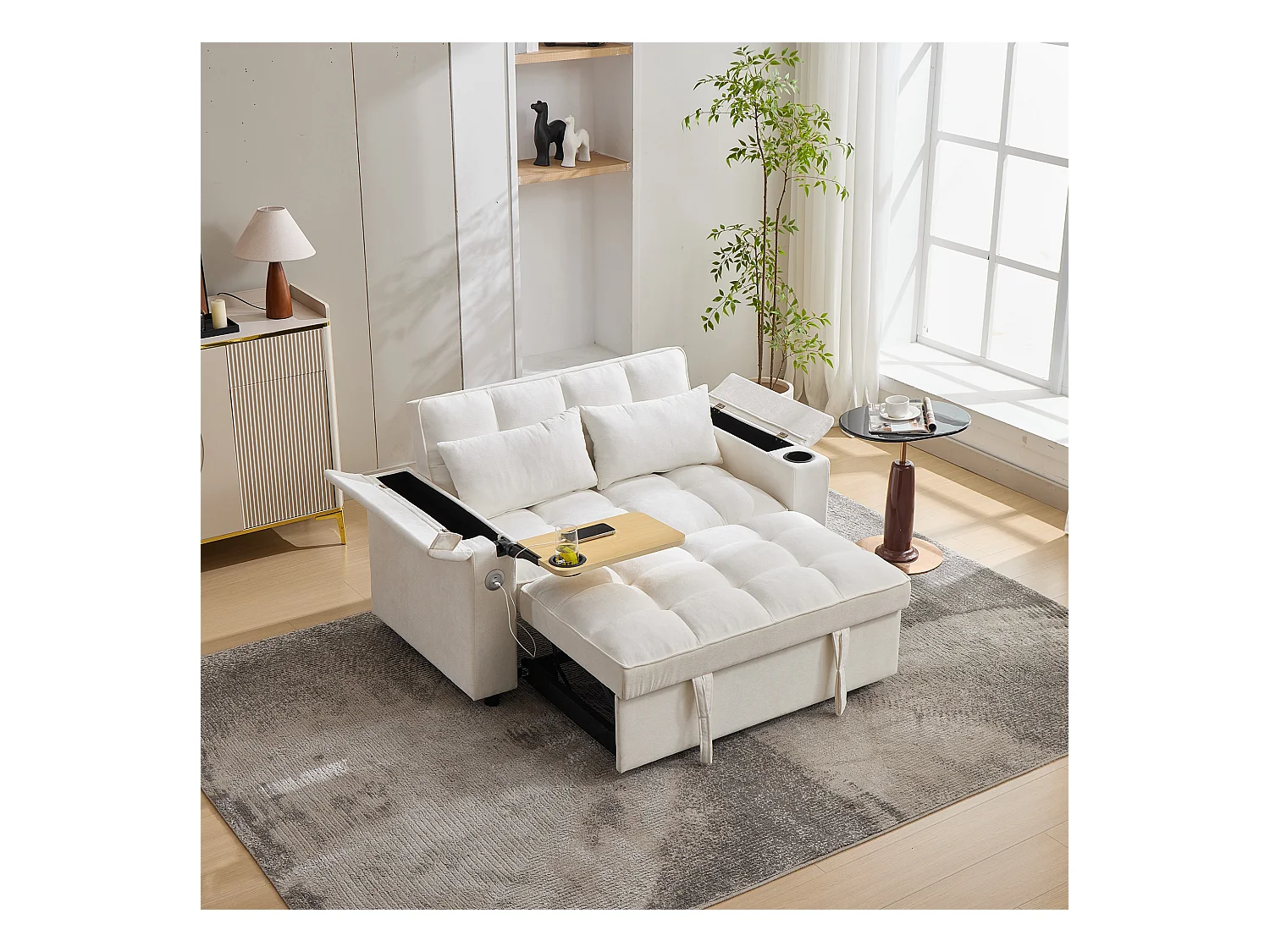 Sofá-cama 2 lugares 3 em 1 - 140,5 x 74 x 82 cm - com encosto ajustável + USB + 1 mesa escondida - MDF - bege