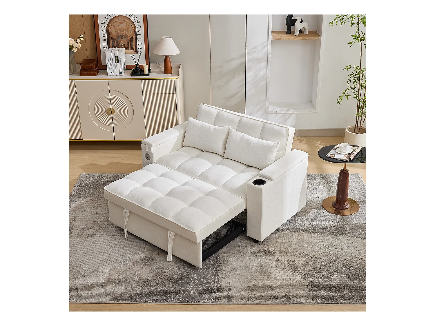 Sofá-cama 2 lugares 3 em 1 - 140,5 x 74 x 82 cm - com encosto ajustável + USB + 1 mesa escondida - MDF - bege