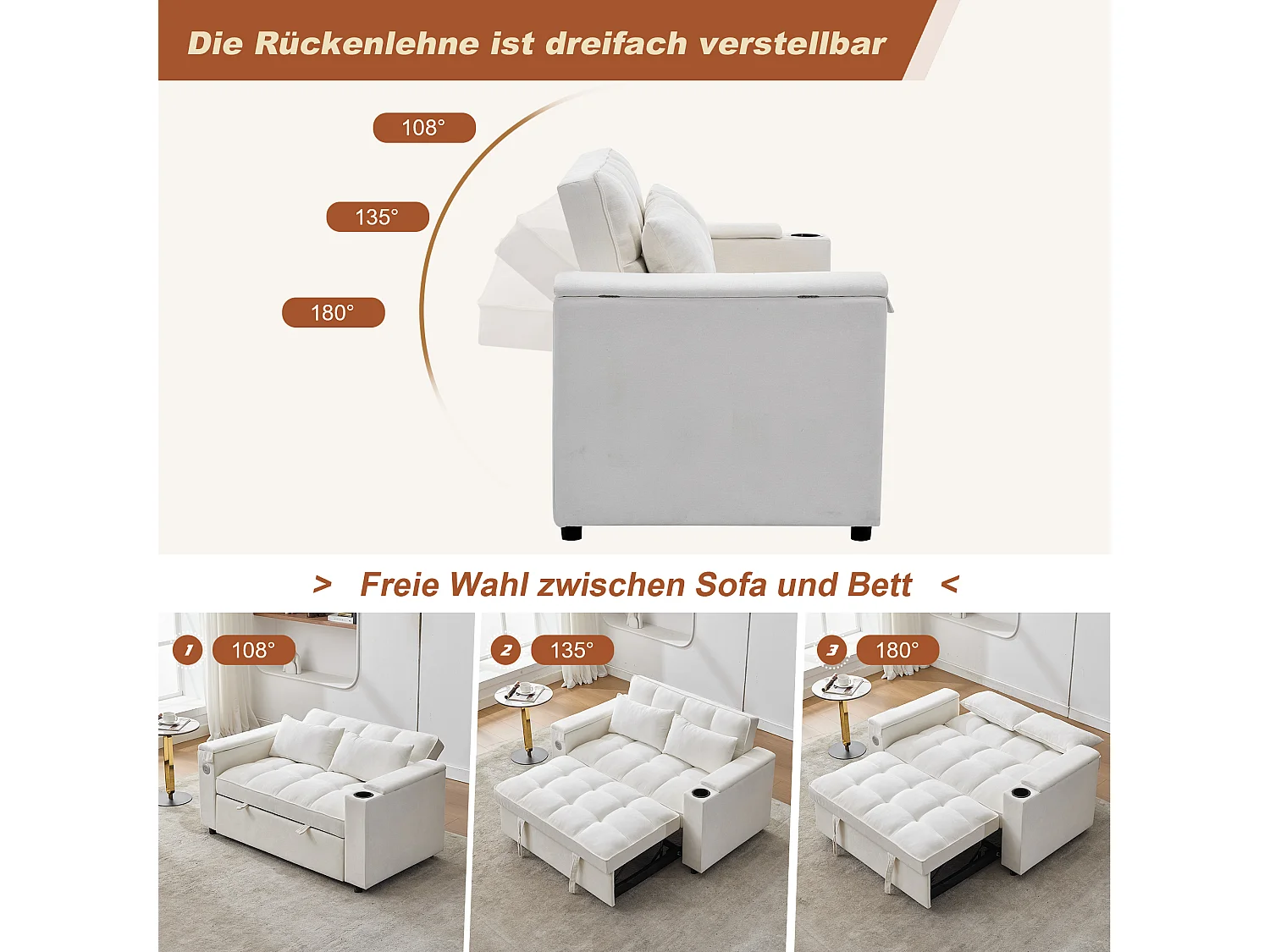 Sofá-cama 2 lugares 3 em 1 - 140,5 x 74 x 82 cm - com encosto ajustável + USB + 1 mesa escondida - MDF - bege