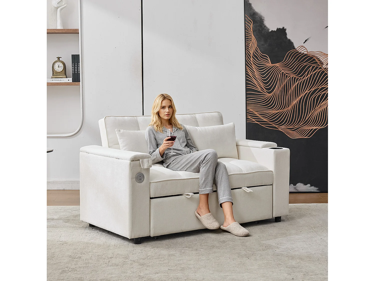 Canapé 2 places convertible 3 en 1 - 140.5 x 74 x 82 cm - avec dossier réglable + USB + 1 table cachée - MDF - beige