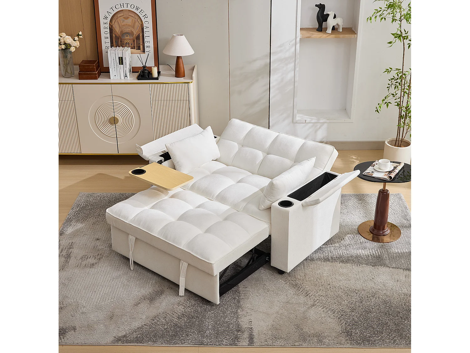 Canapé 2 places convertible 3 en 1 - 140.5 x 74 x 82 cm - avec dossier réglable + USB + 1 table cachée - MDF - beige