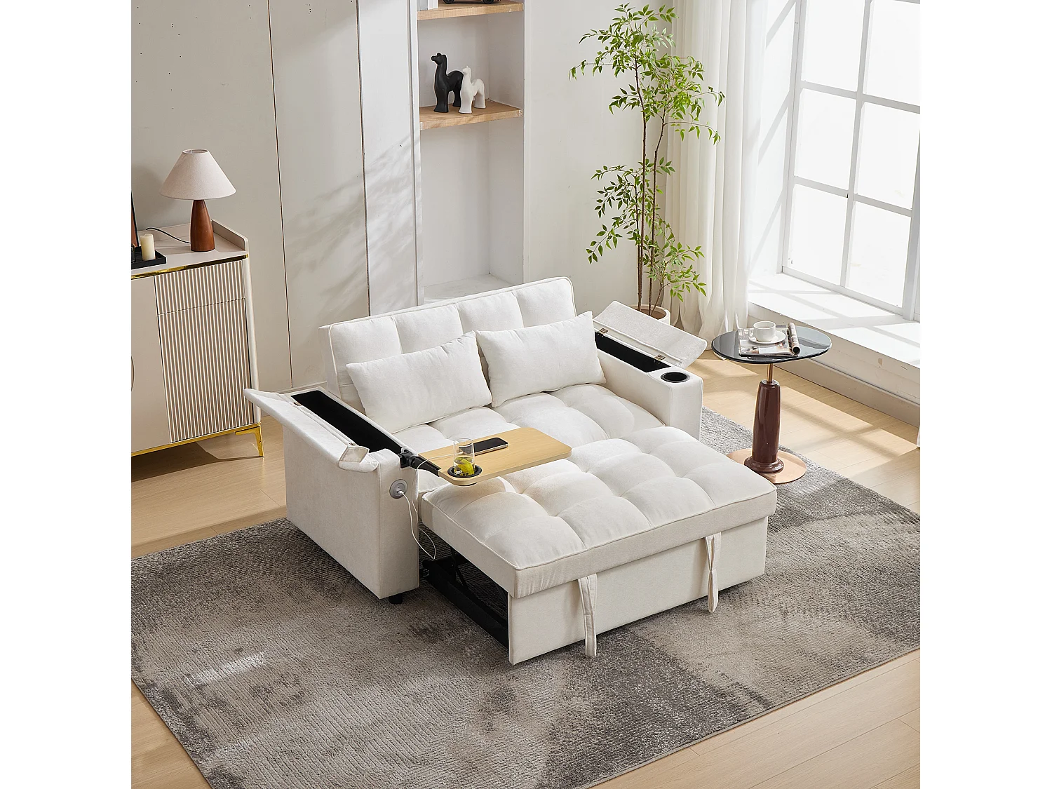 Canapé 2 places convertible 3 en 1 - 140.5 x 74 x 82 cm - avec dossier réglable + USB + 1 table cachée - MDF - beige