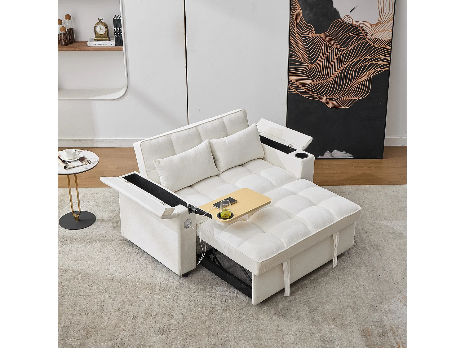 Canapé 2 places convertible 3 en 1 - 140.5 x 74 x 82 cm - avec dossier réglable + USB + 1 table cachée - MDF - beige