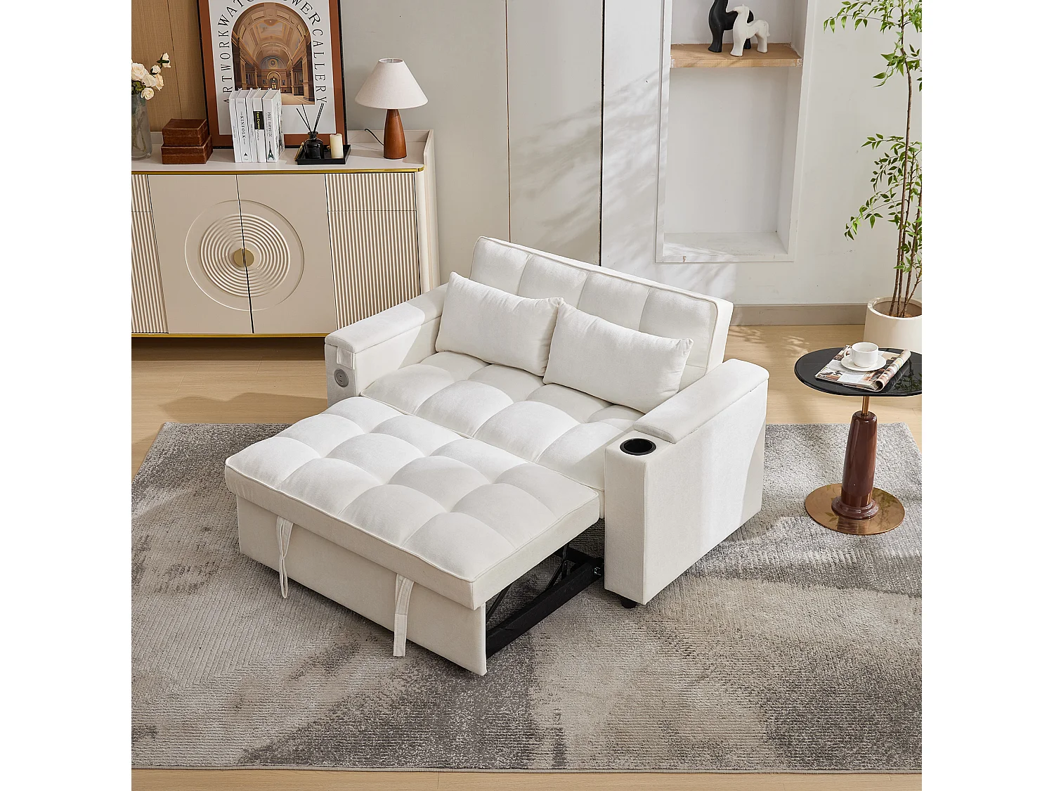 Canapé 2 places convertible 3 en 1 - 140.5 x 74 x 82 cm - avec dossier réglable + USB + 1 table cachée - MDF - beige