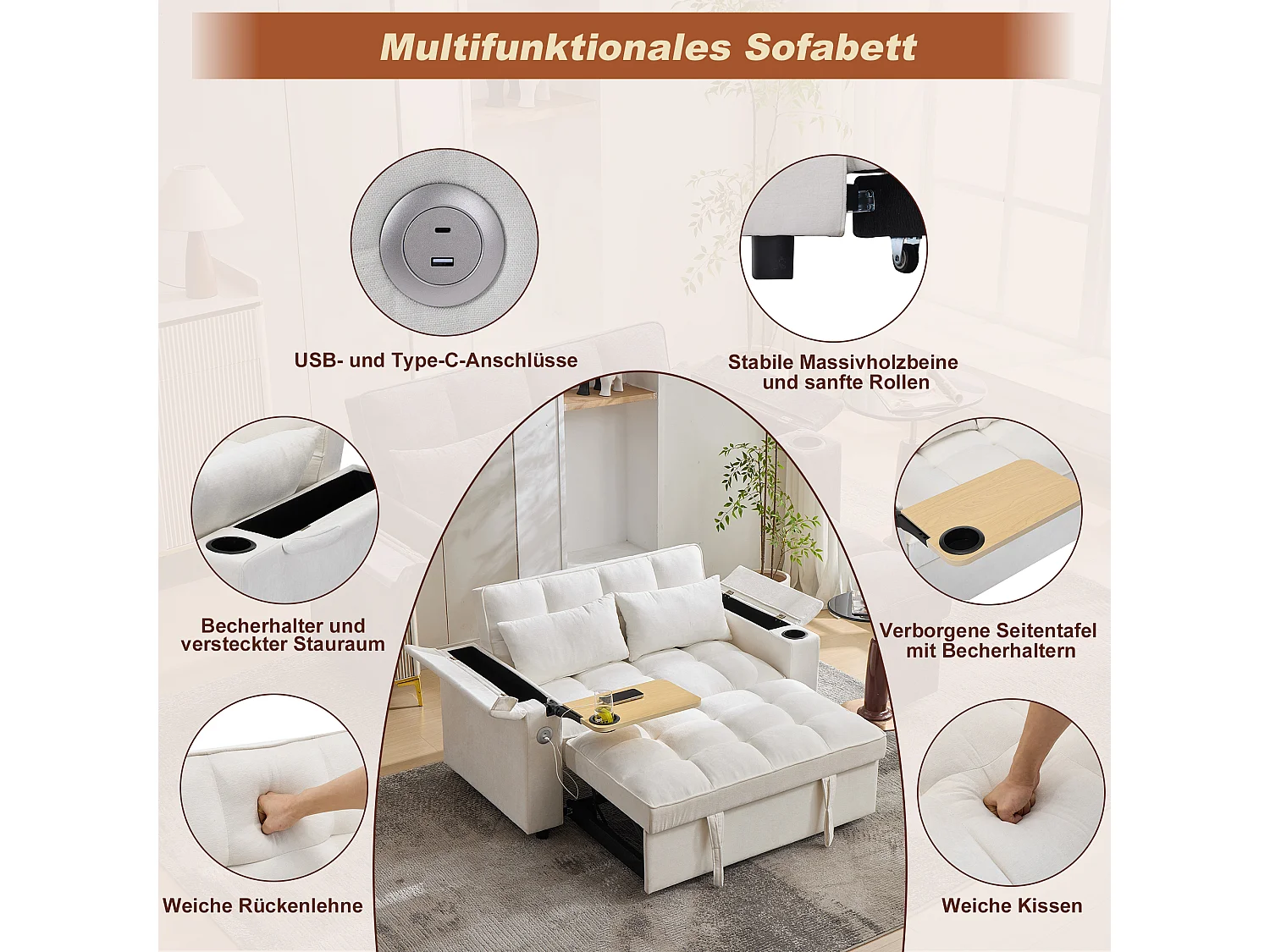 Canapé 2 places convertible 3 en 1 - 140.5 x 74 x 82 cm - avec dossier réglable + USB + 1 table cachée - MDF - beige