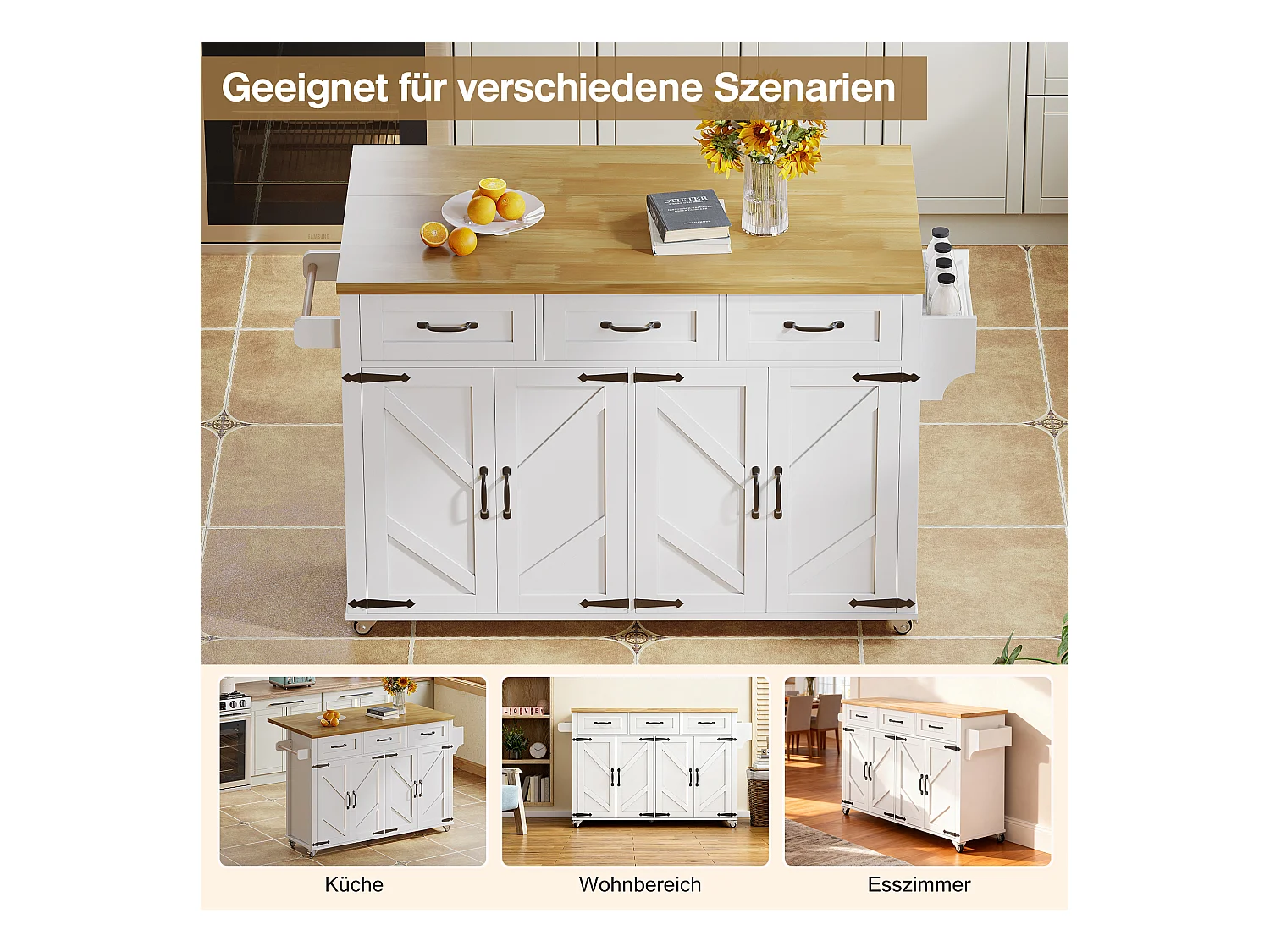 Îlot central à roulettes avec plan de travail rabattable + 4 portes + 3 tiroirs - 140 x 43(70) x 90.5 cm - blanc