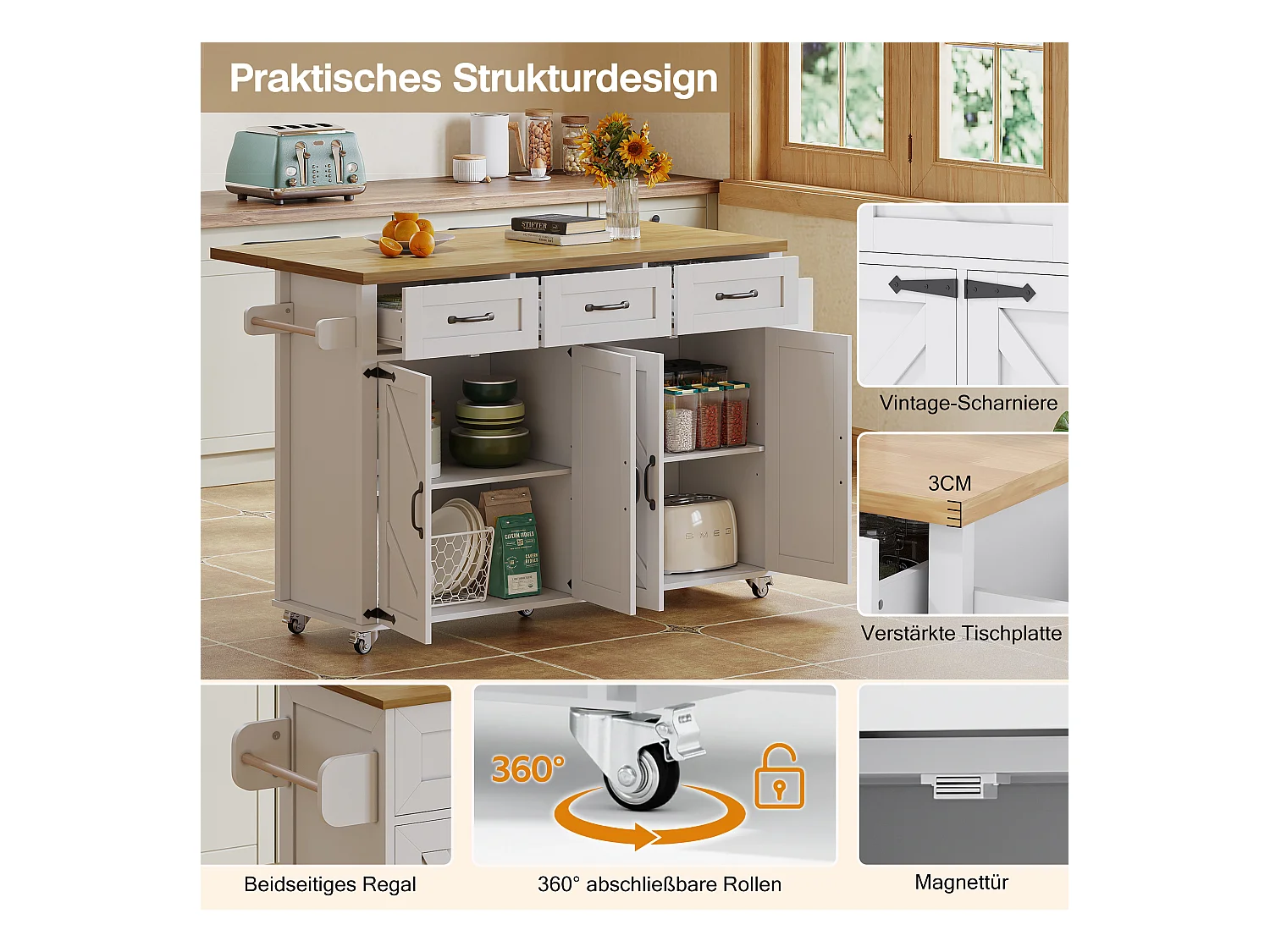 Îlot central à roulettes avec plan de travail rabattable + 4 portes + 3 tiroirs - 140 x 43(70) x 90.5 cm - blanc