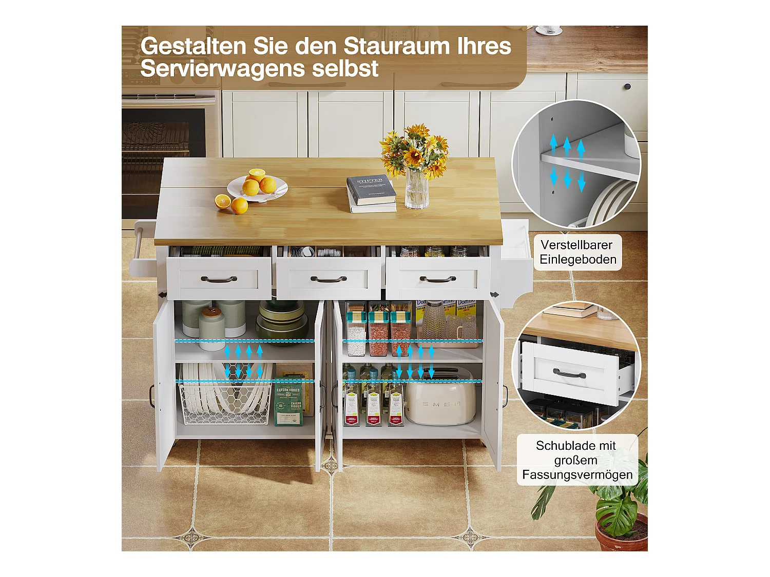 Îlot central à roulettes avec plan de travail rabattable + 4 portes + 3 tiroirs - 140 x 43(70) x 90.5 cm - blanc