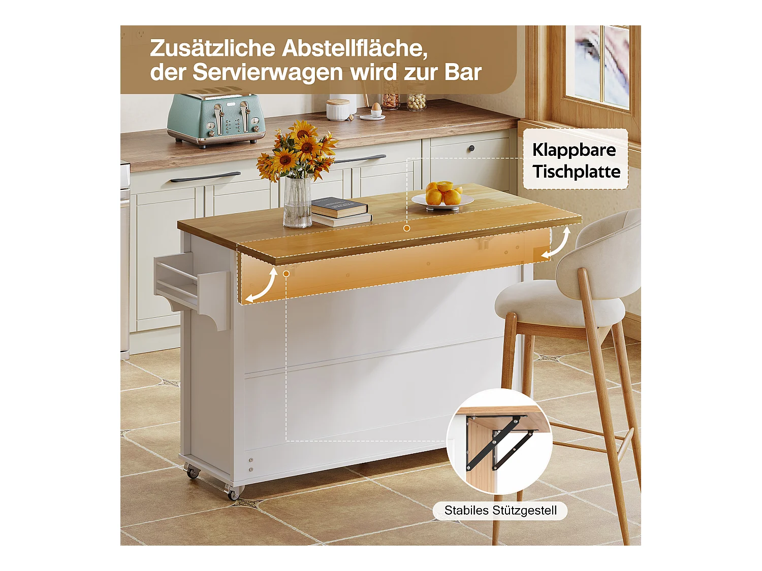 Îlot central à roulettes avec plan de travail rabattable + 4 portes + 3 tiroirs - 140 x 43(70) x 90.5 cm - blanc