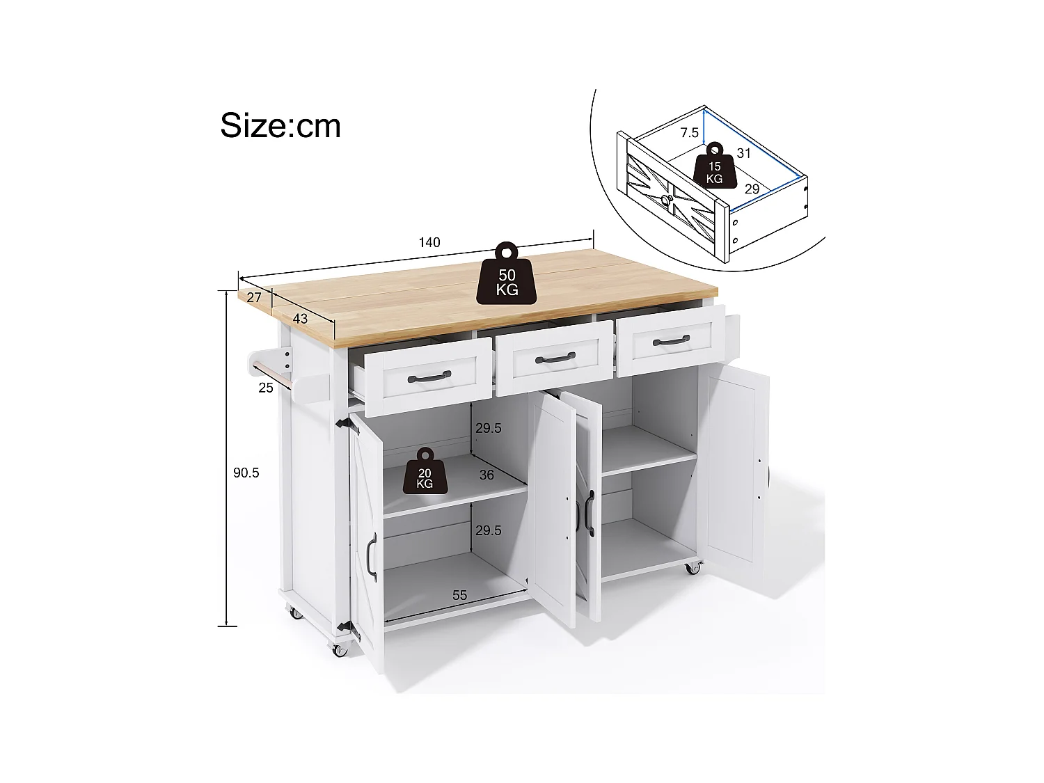 Îlot central à roulettes avec plan de travail rabattable + 4 portes + 3 tiroirs - 140 x 43(70) x 90.5 cm - blanc