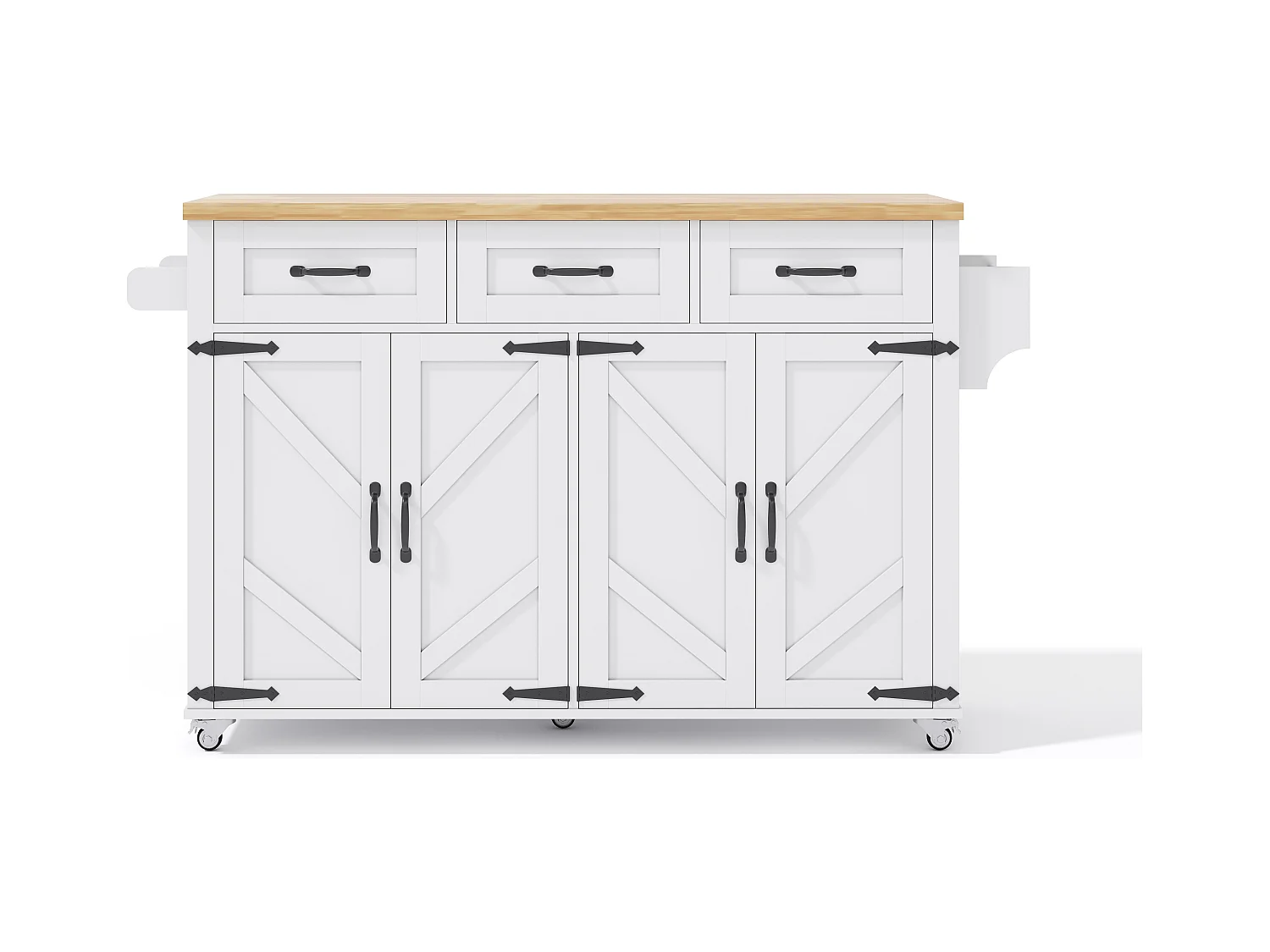 Îlot central à roulettes avec plan de travail rabattable + 4 portes + 3 tiroirs - 140 x 43(70) x 90.5 cm - blanc