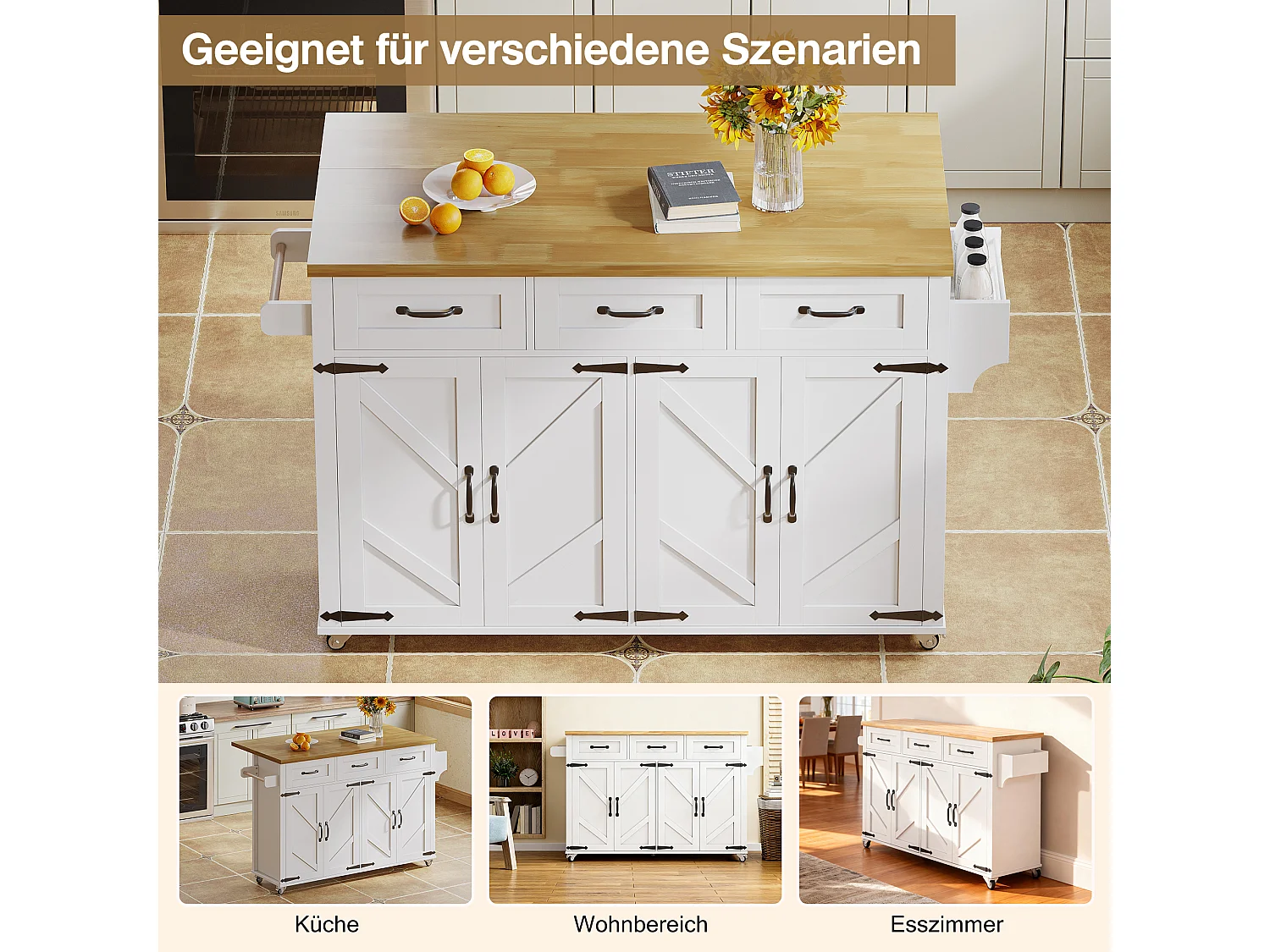 Centraal eiland op wielen met uitklapbaar werkblad + 4 deuren + 3 laden - 140 x 43(70) x 90,5 cm - wit