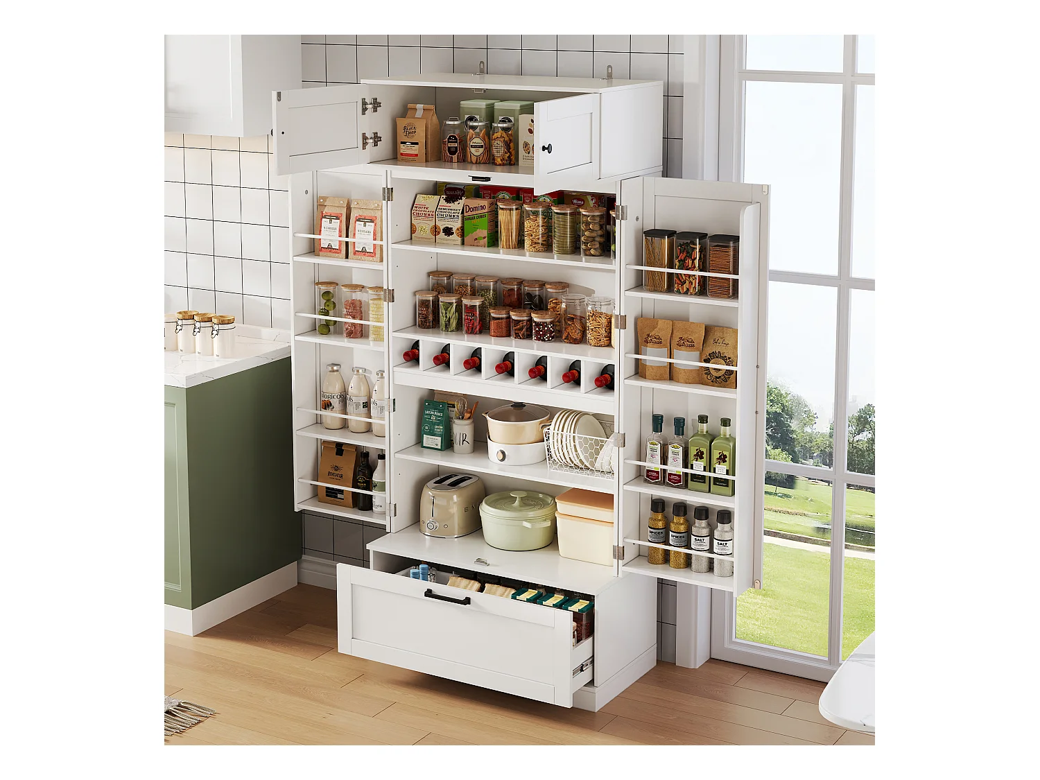 Buffet de cuisine avec tagères réglables + tiroir + 4 portes + casier à vin - 80 x 40 x 180 cm - MDF - blanc