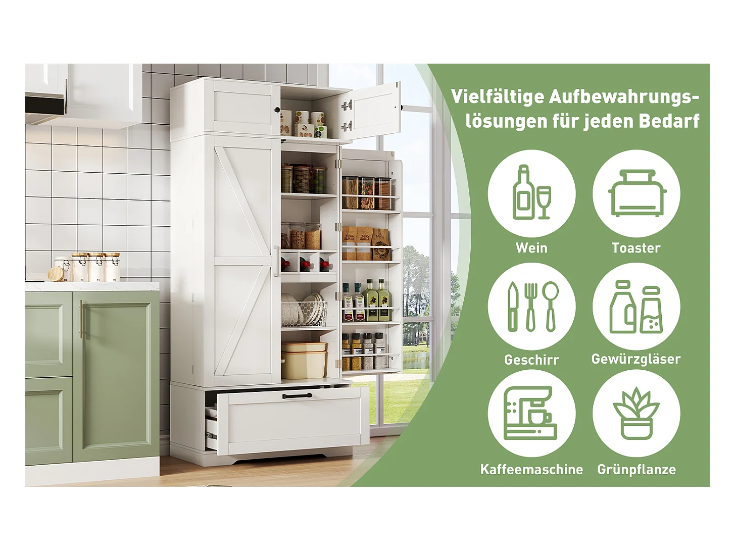 Küchen-Sideboard mit verstellbaren Regalen + Schublade + 4 Türen + Weinregal - 80 x 40 x 180 cm - MDF - weiß