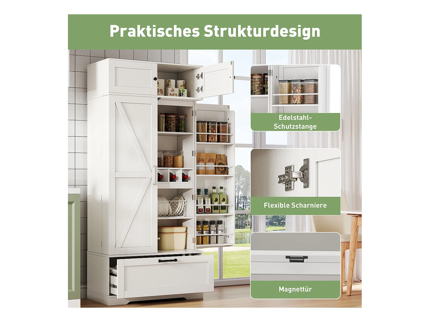 Küchen-Sideboard mit verstellbaren Regalen + Schublade + 4 Türen + Weinregal - 80 x 40 x 180 cm - MDF - weiß