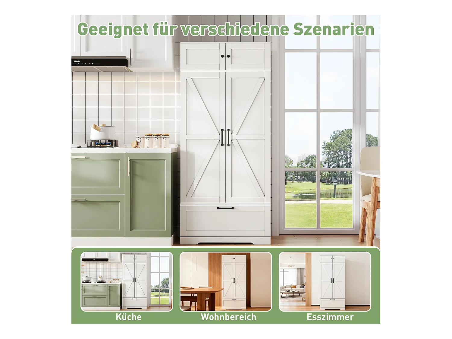 Küchen-Sideboard mit verstellbaren Regalen + Schublade + 4 Türen + Weinregal - 80 x 40 x 180 cm - MDF - weiß