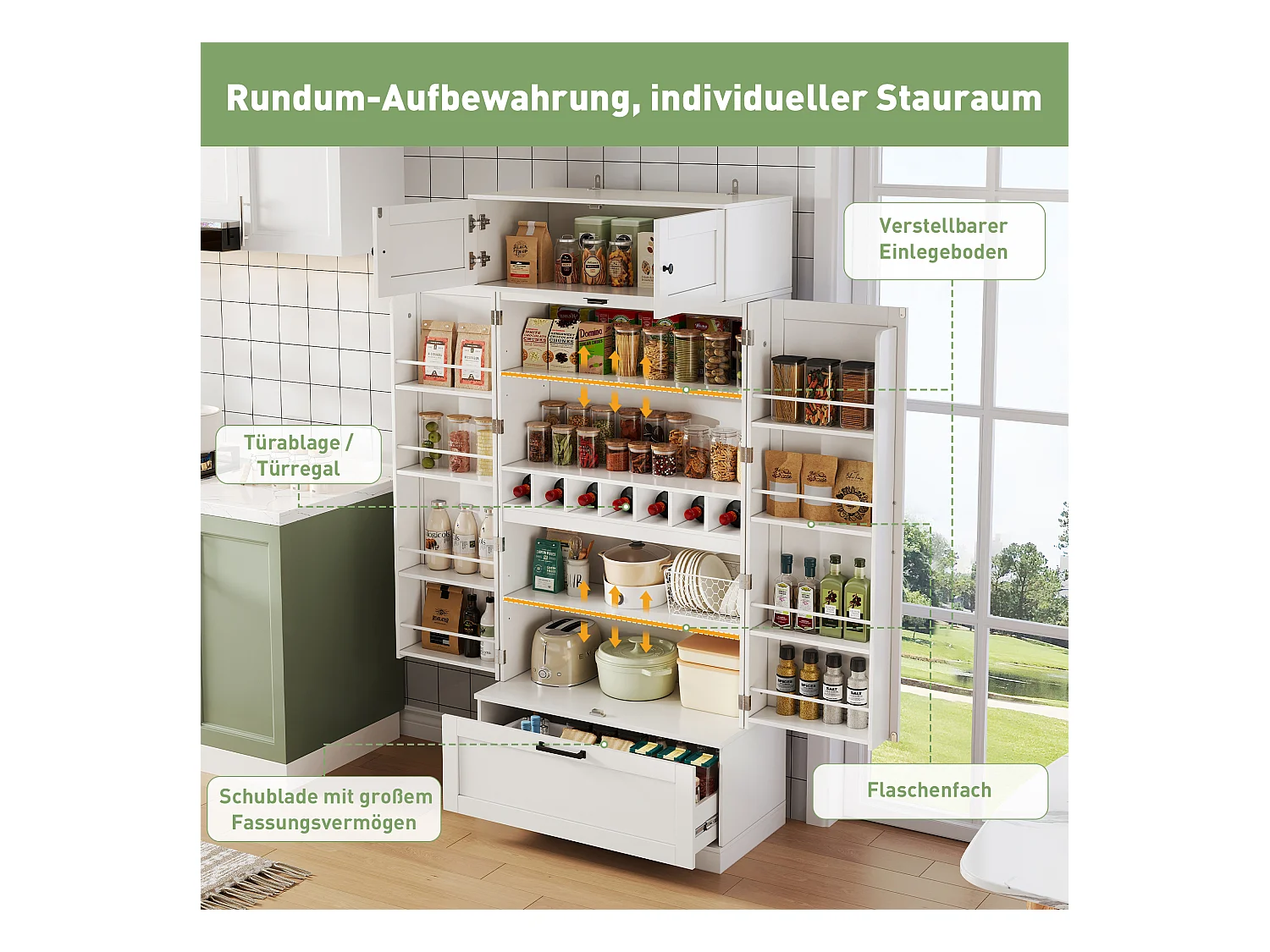 Küchen-Sideboard mit verstellbaren Regalen + Schublade + 4 Türen + Weinregal - 80 x 40 x 180 cm - MDF - weiß