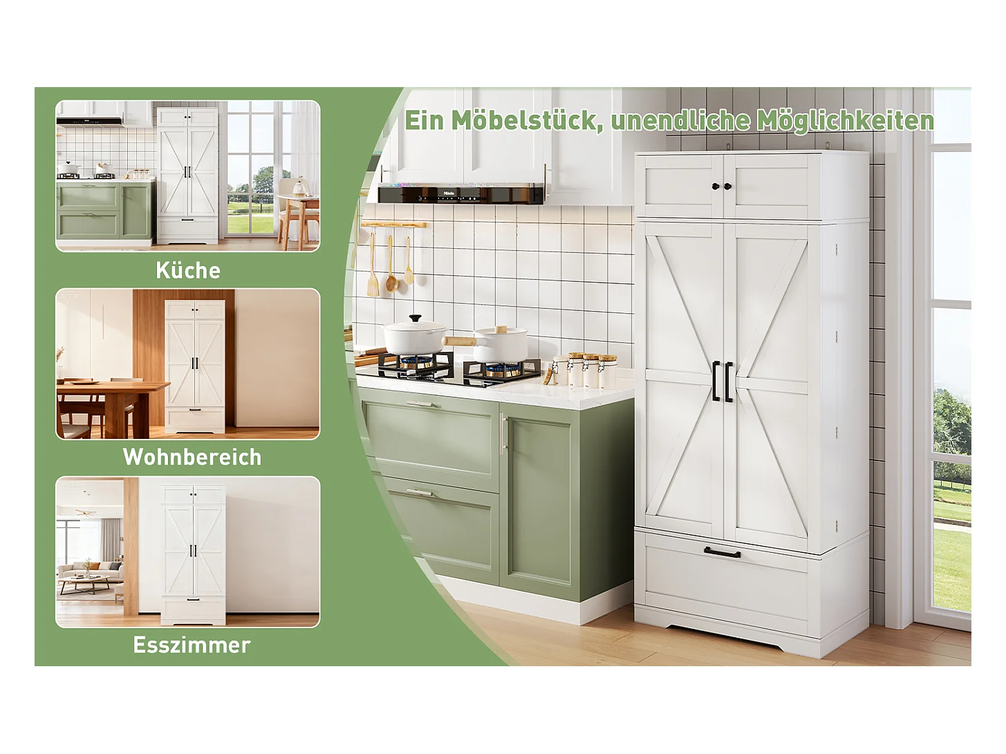 Küchen-Sideboard mit verstellbaren Regalen + Schublade + 4 Türen + Weinregal - 80 x 40 x 180 cm - MDF - weiß