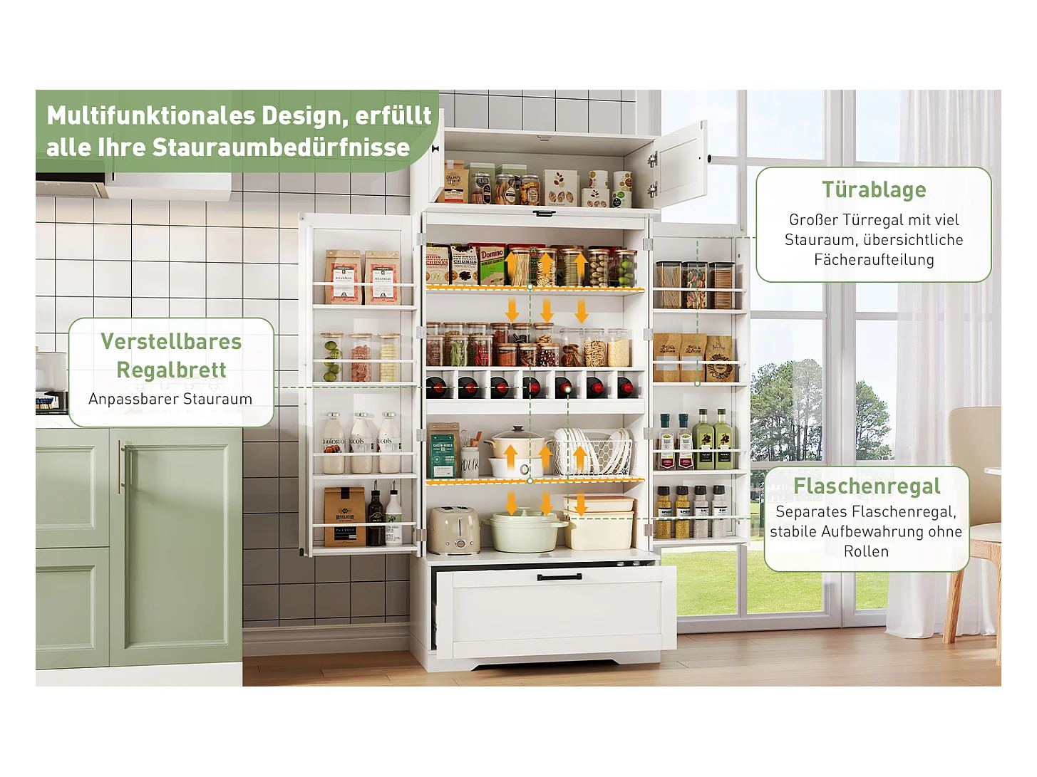 Küchen-Sideboard mit verstellbaren Regalen + Schublade + 4 Türen + Weinregal - 80 x 40 x 180 cm - MDF - weiß