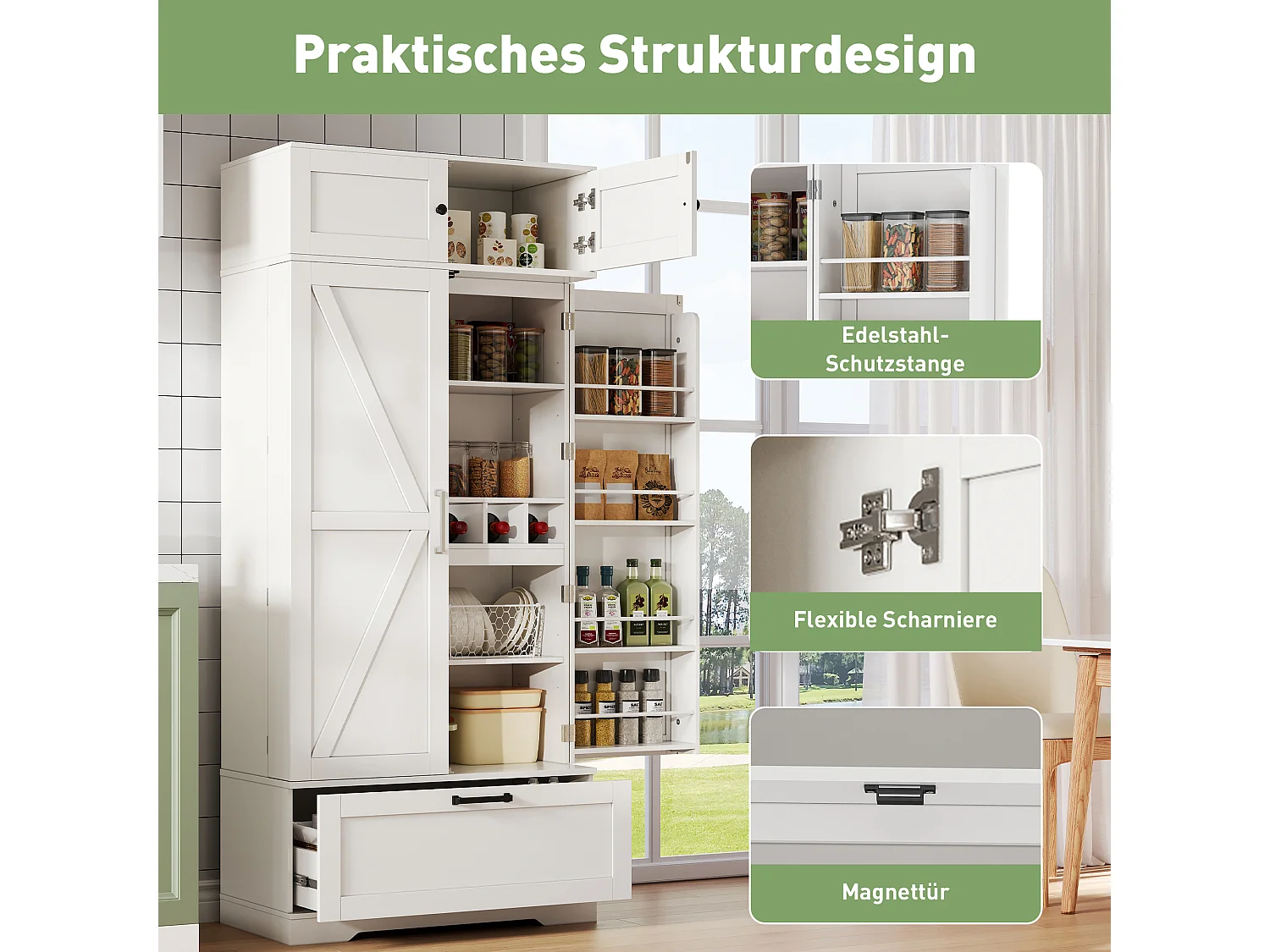 Keuken dressoir met verstelbare planken + lade + 4 deuren + wijnrek - 80 x 40 x 180 cm - MDF - wit