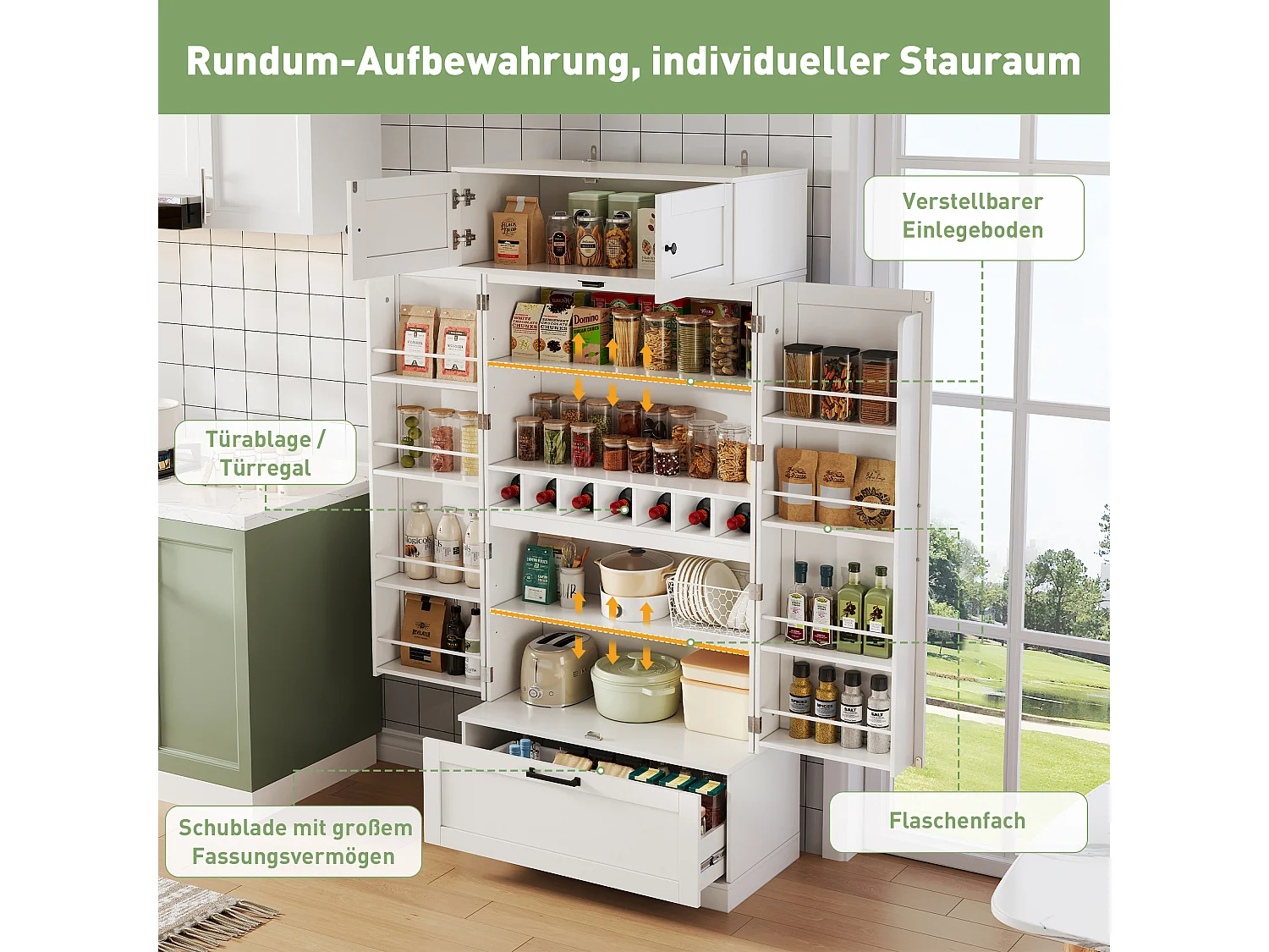 Keuken dressoir met verstelbare planken + lade + 4 deuren + wijnrek - 80 x 40 x 180 cm - MDF - wit