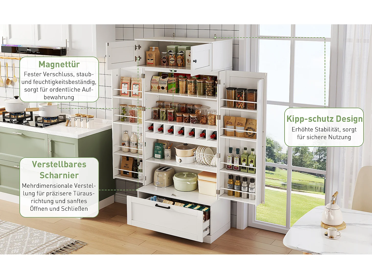 Keuken dressoir met verstelbare planken + lade + 4 deuren + wijnrek - 80 x 40 x 180 cm - MDF - wit