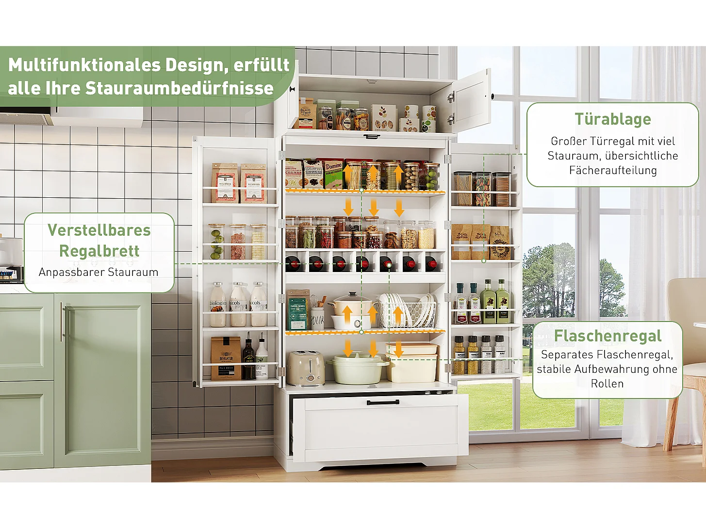 Keuken dressoir met verstelbare planken + lade + 4 deuren + wijnrek - 80 x 40 x 180 cm - MDF - wit