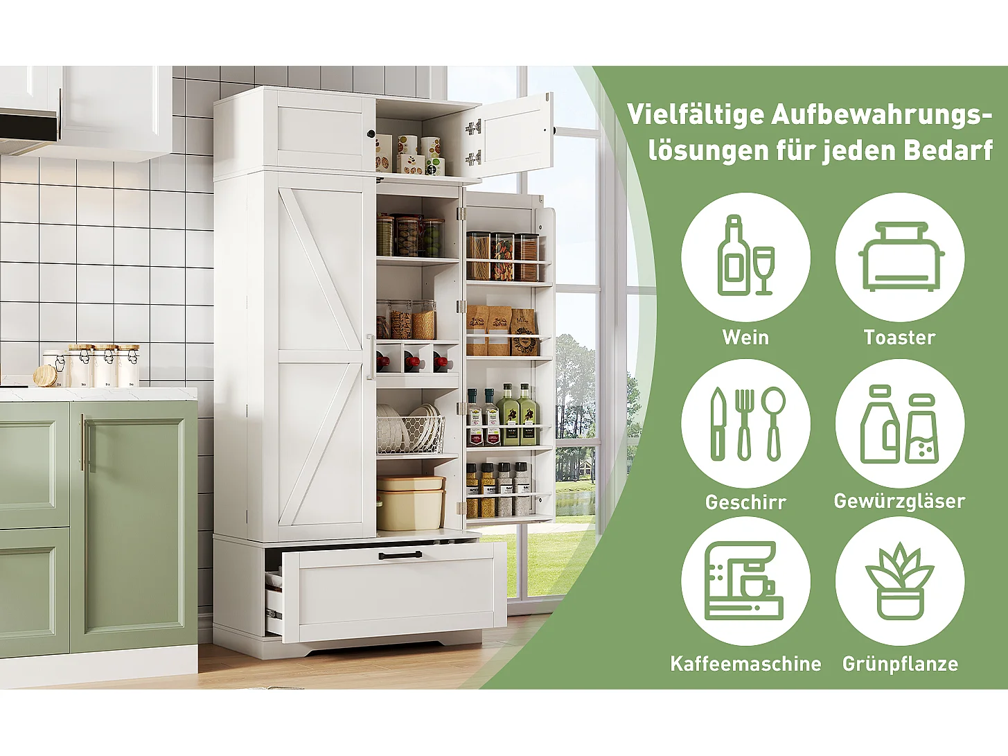 Keuken dressoir met verstelbare planken + lade + 4 deuren + wijnrek - 80 x 40 x 180 cm - MDF - wit