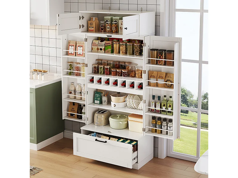 Keuken dressoir met verstelbare planken + lade + 4 deuren + wijnrek - 80 x 40 x 180 cm - MDF - wit