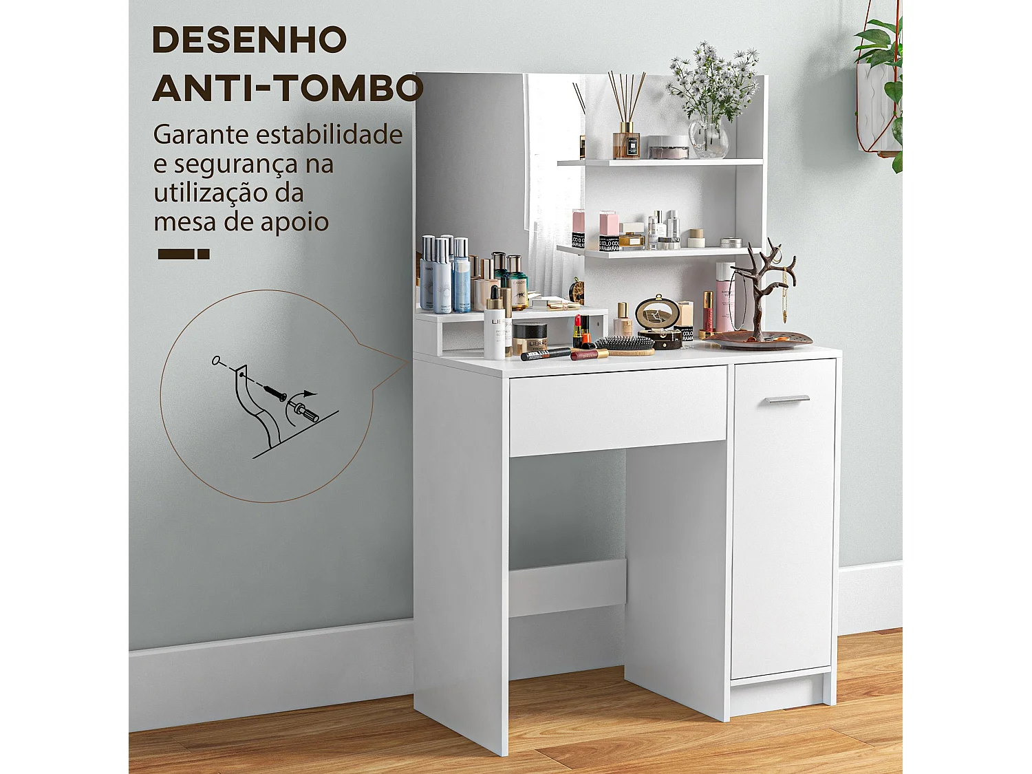 Toucador de Maquilhagem Elegante com Espelho e Banco Almofadado para Quarto
