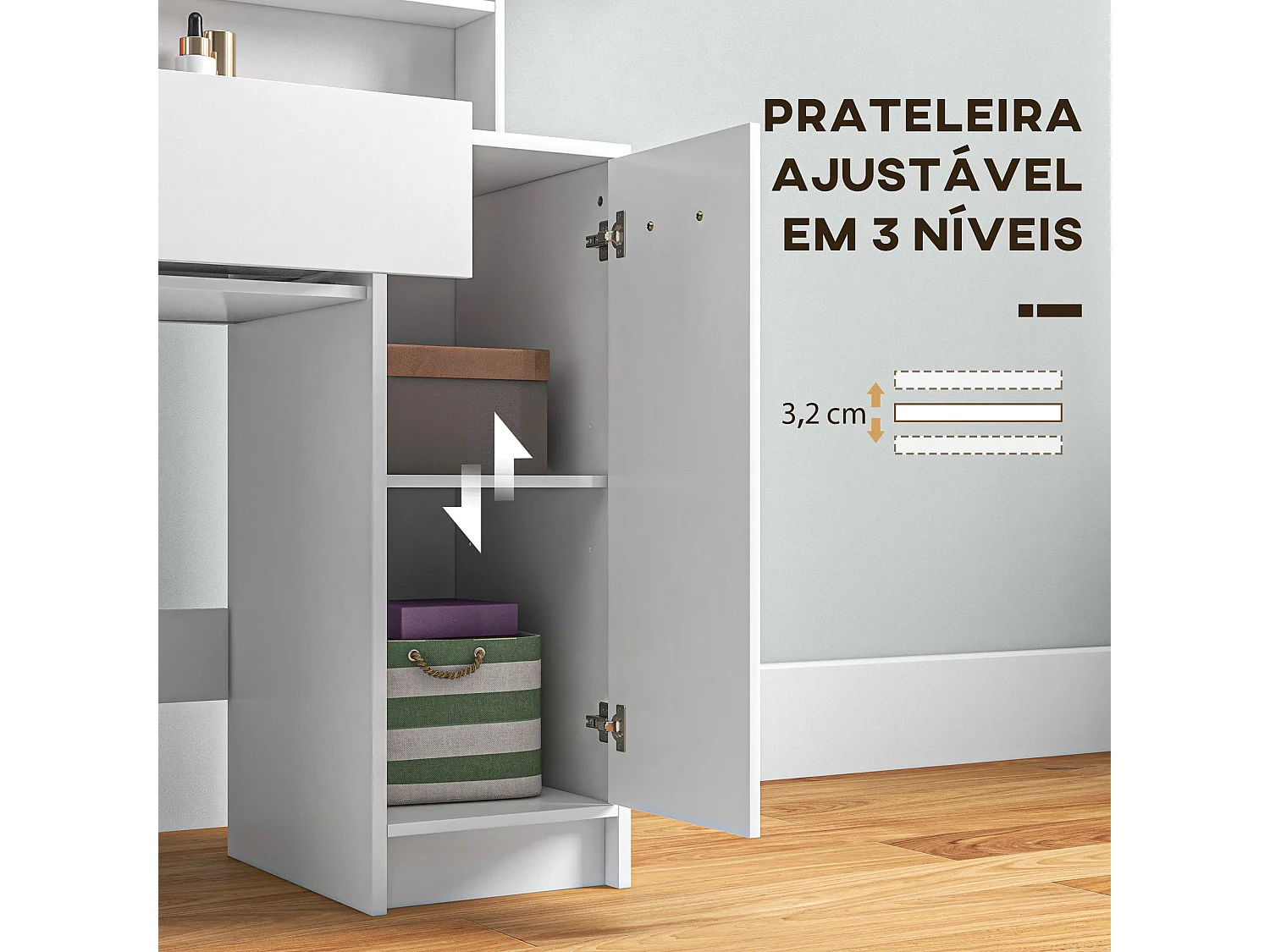 Tocador Nawa Homcom espejo + 3 estantes+ 1 cajón + 1 armario blanco 132x80x40 cm