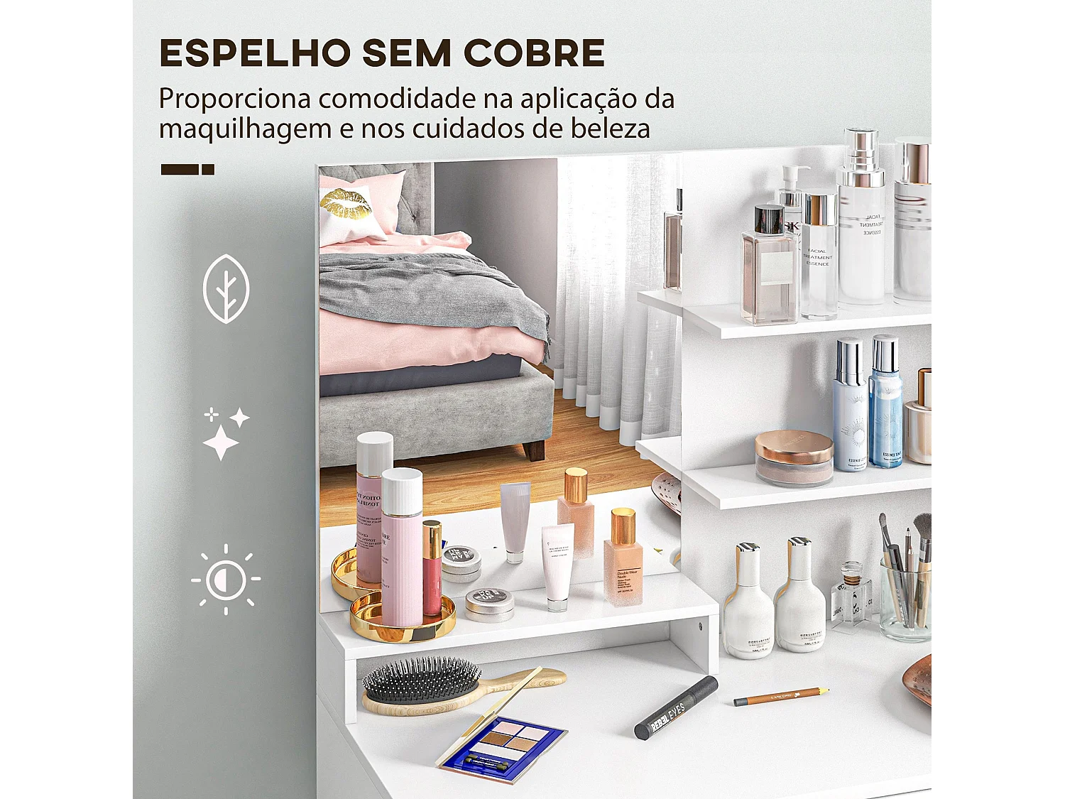 Tocador Nawa Homcom espejo + 3 estantes+ 1 cajón + 1 armario blanco 132x80x40 cm