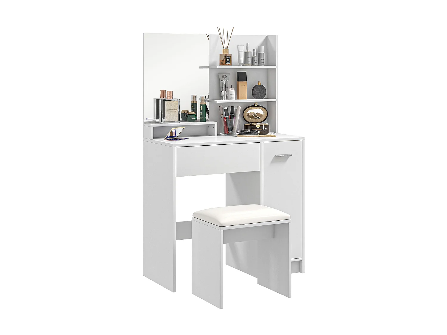 Tocador Nawa Homcom espejo + 3 estantes+ 1 cajón + 1 armario blanco 132x80x40 cm