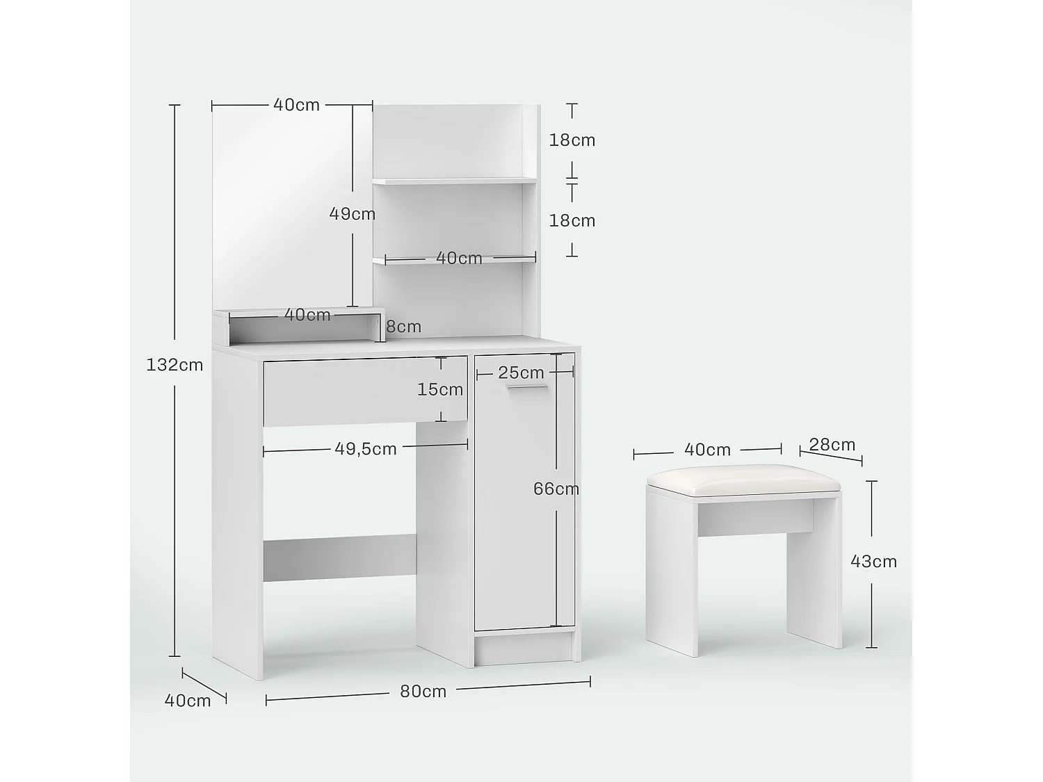 Tocador Nawa Homcom espejo + 3 estantes+ 1 cajón + 1 armario blanco 132x80x40 cm