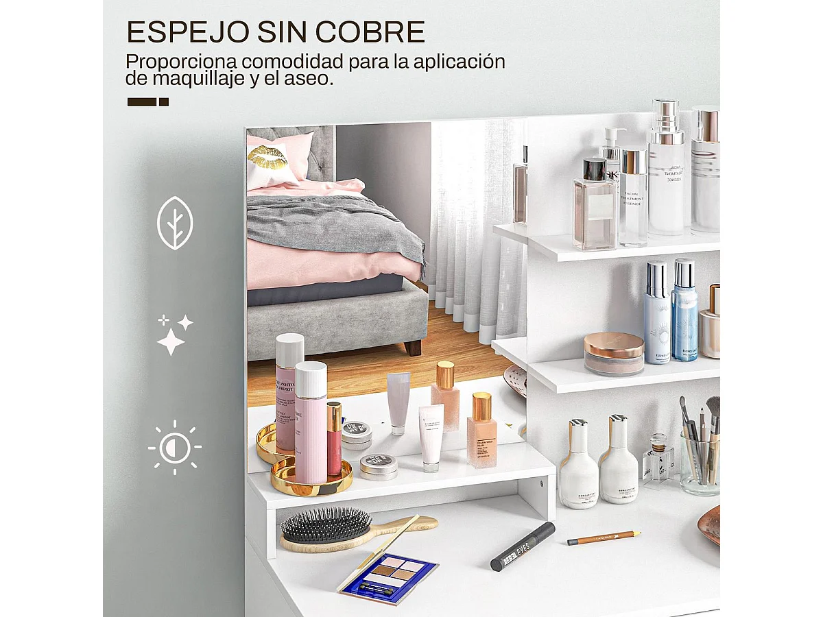 Tocador Nawa Homcom espejo + 3 estantes+ 1 cajón + 1 armario blanco 132x80x40 cm