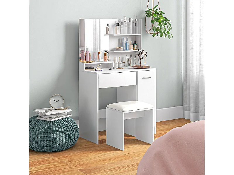 Tocador Nawa Homcom espejo + 3 estantes+ 1 cajón + 1 armario blanco 132x80x40 cm