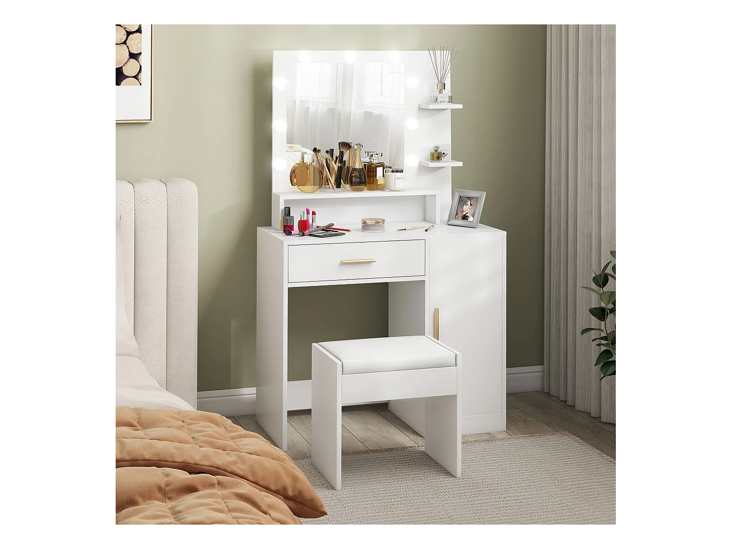 Tocador Michela taburete + cajón + armario blanco 140x80x40 cm