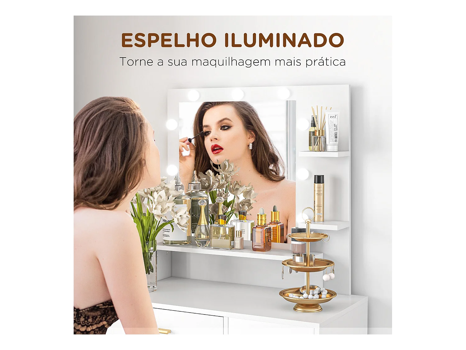 Tocador Michela taburete + cajón + armario blanco 140x80x40 cm